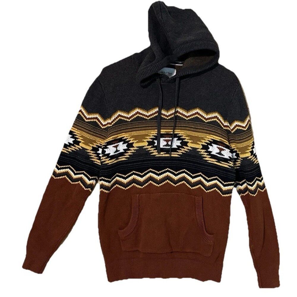 Sun + Stone Small Southwestern Aztec Jacquard Hoodie Knit Pullover Sweater